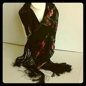 Floral Silk Cut Velvet Scarf with fringe